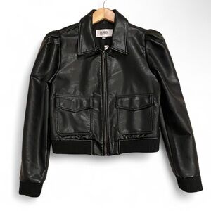 Steve Madden Black Cropped Puff-Sleeve Faux Leather Jacket